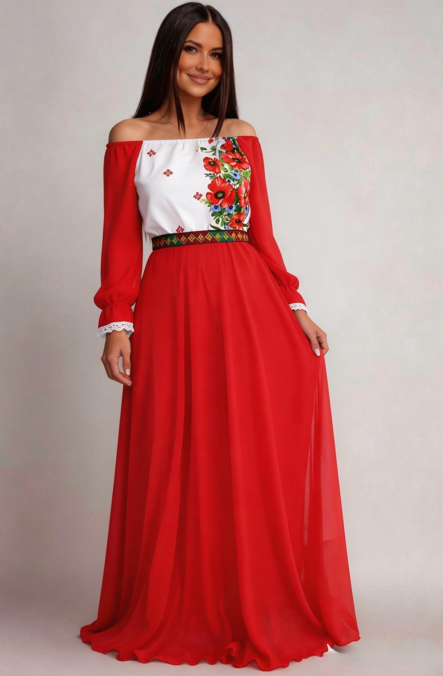 rochie lunga Rochie lunga rosie din voal cu motive traditionale vaporoasa Emanuela